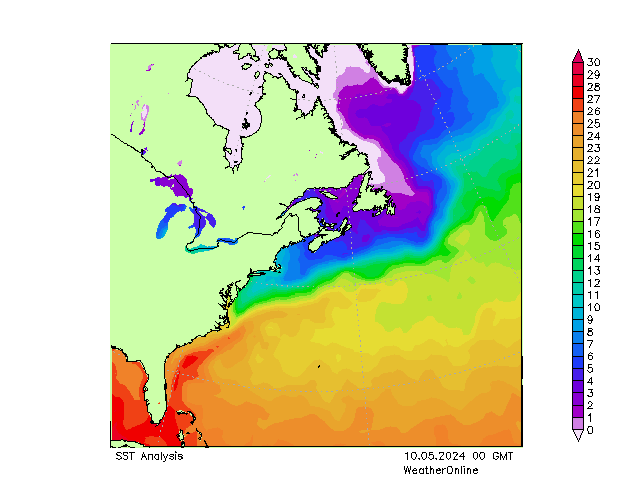 Oceano Atlântico SST Sex 10.05.2024 00 UTC