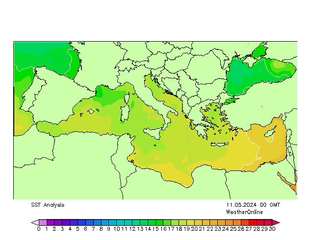 Mar Mediterráneo SST sáb 11.05.2024 00 UTC