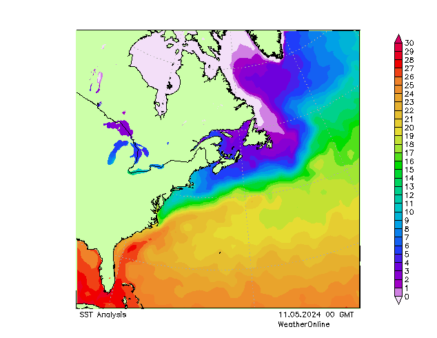 Océano Atlántico SST sáb 11.05.2024 00 UTC