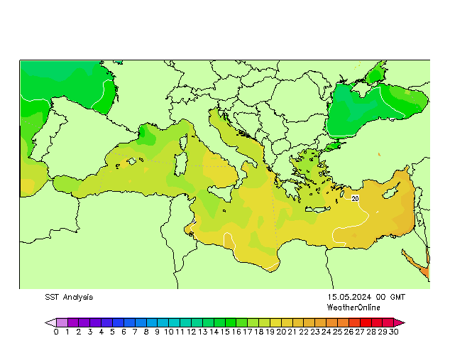 Mer Méditerranée SST mer 15.05.2024 00 UTC