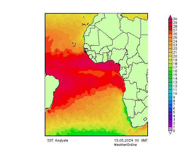 Ocean Atlantycki SST śro. 15.05.2024 00 UTC