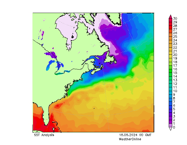 Ocean Atlantycki SST śro. 15.05.2024 00 UTC