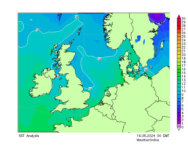 North Sea SST Th 16.05.2024 00 UTC