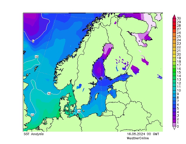 Baltské moře SST Čt 16.05.2024 00 UTC