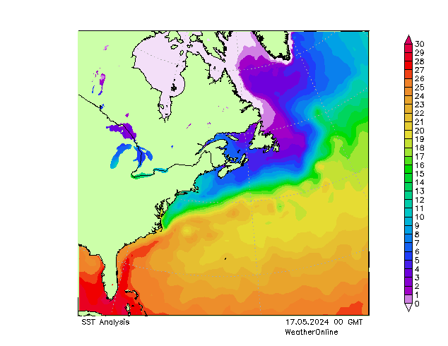 Océano Atlántico SST vie 17.05.2024 00 UTC