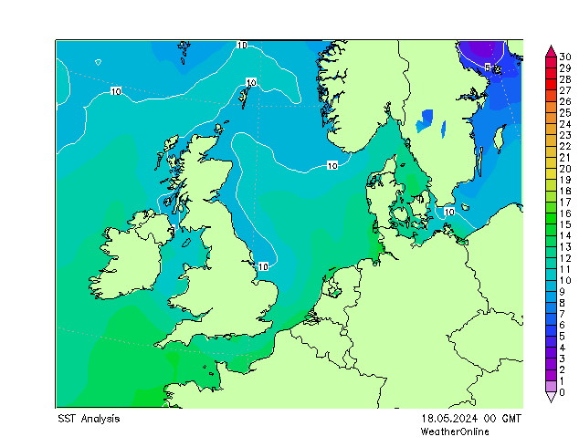 Северное море SST сб 18.05.2024 00 UTC