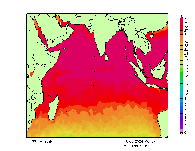 Индийский океан SST сб 18.05.2024 00 UTC