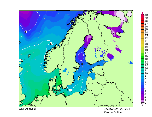 Baltské moře SST St 22.05.2024 00 UTC