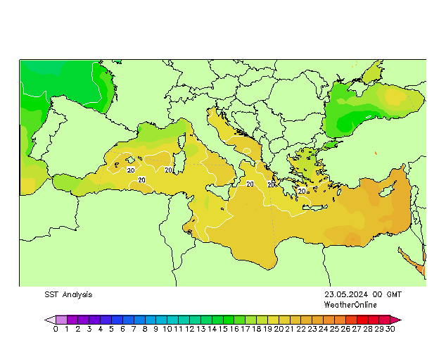 Mar Mediterráneo SST jue 23.05.2024 00 UTC