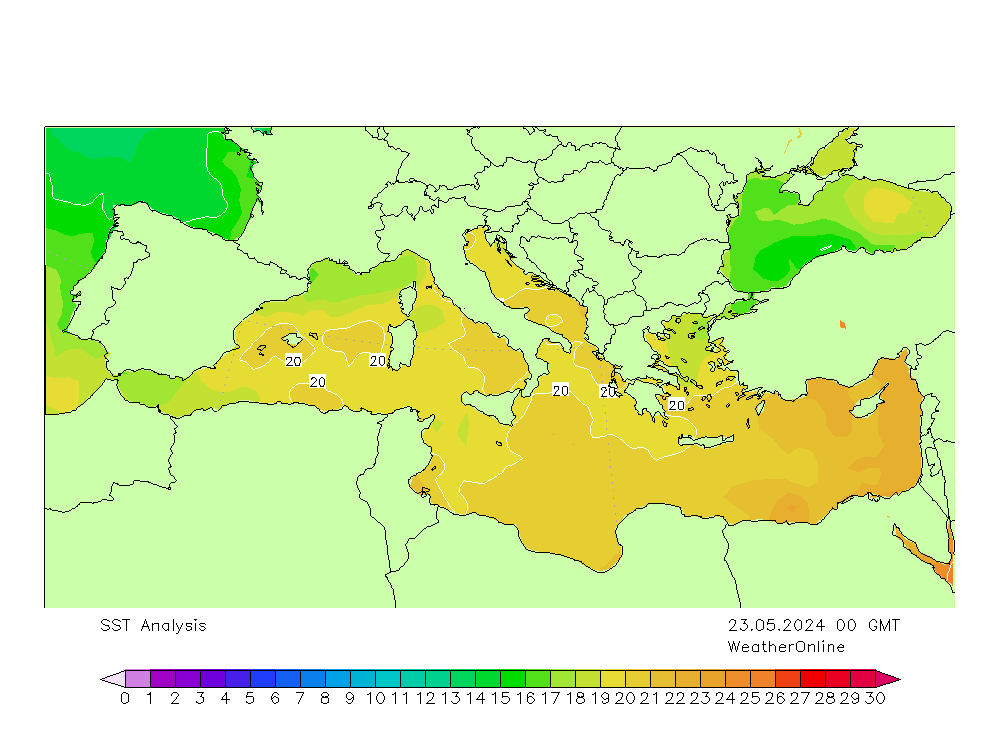 Mar Mediterrâneo SST Qui 23.05.2024 00 UTC