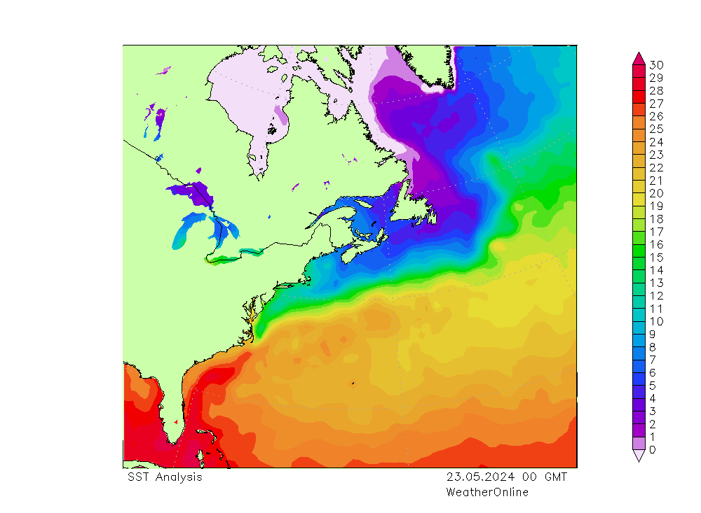 Atlantic Ocean SST Th 23.05.2024 00 UTC