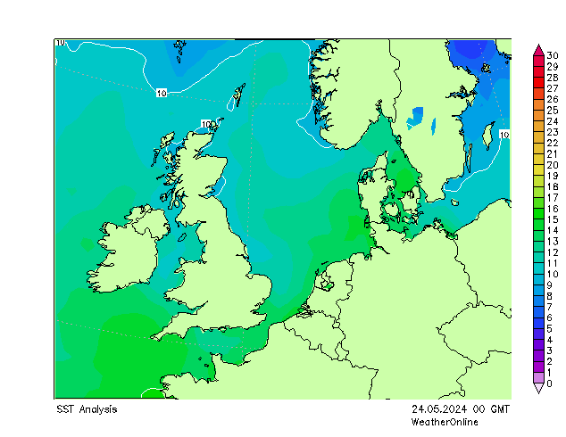 Severní moře SST Pá 24.05.2024 00 UTC