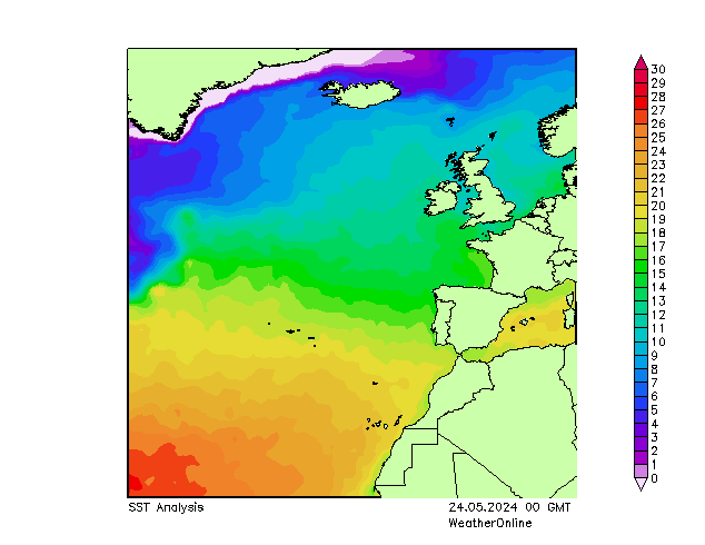 Océano Atlántico SST vie 24.05.2024 00 UTC