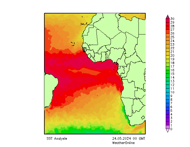 Atlantic Ocean SST Fr 24.05.2024 00 UTC