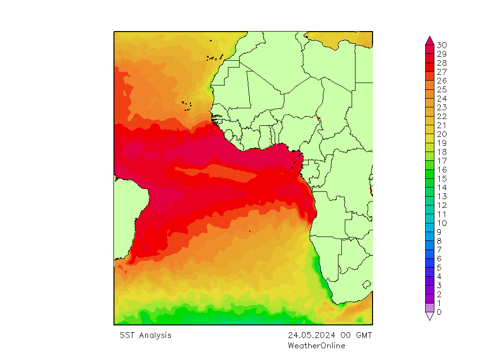 Océano Atlántico SST vie 24.05.2024 00 UTC