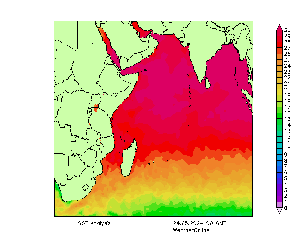 Indian Ocean SST Fr 24.05.2024 00 UTC