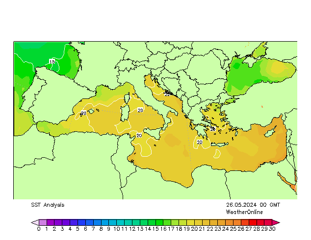 Morze Śródziemne SST nie. 26.05.2024 00 UTC