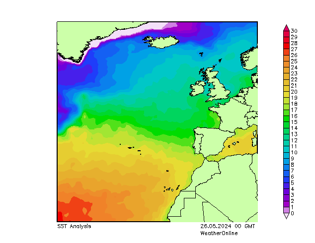 Atlantický SST Ne 26.05.2024 00 UTC