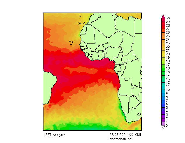 Océano Atlántico SST dom 26.05.2024 00 UTC