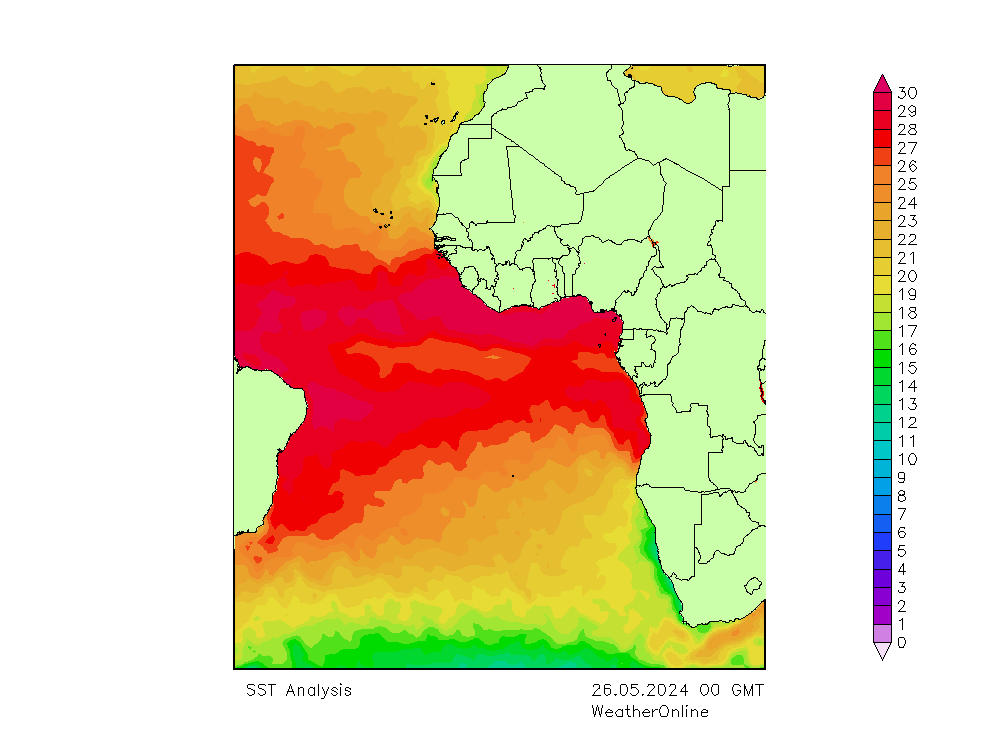 Atlantic Ocean SST Su 26.05.2024 00 UTC