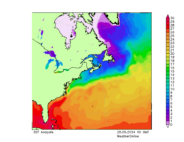 Atlantic Ocean SST Su 26.05.2024 00 UTC