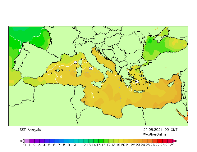 Morze Śródziemne SST pon. 27.05.2024 00 UTC