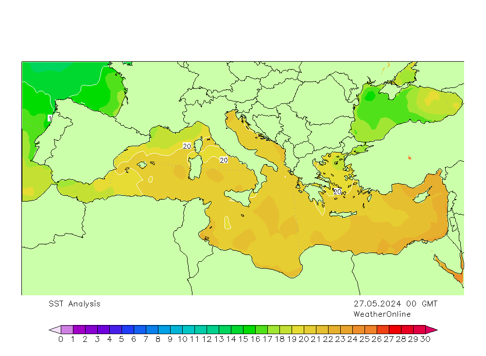 Středomoří SST Po 27.05.2024 00 UTC