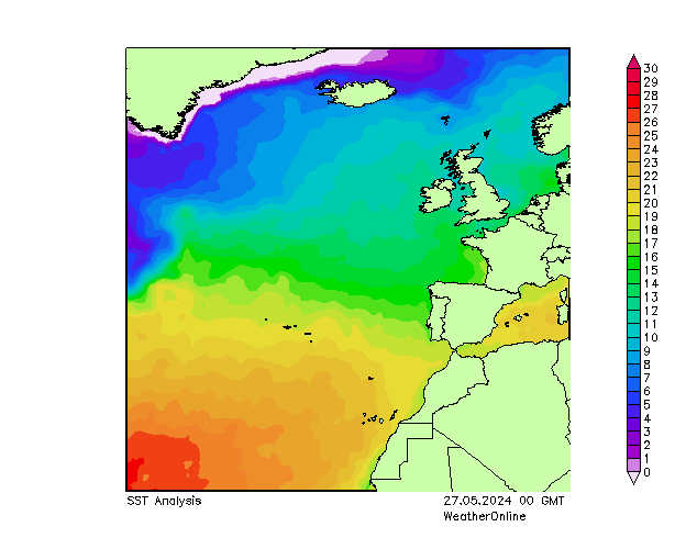 Océano Atlántico SST lun 27.05.2024 00 UTC