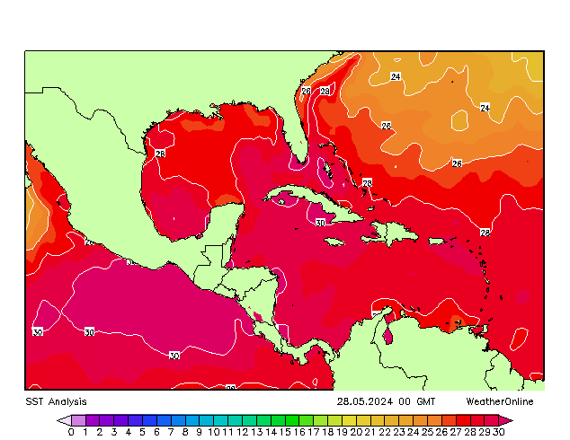 Вест-Индия SST вт 28.05.2024 00 UTC