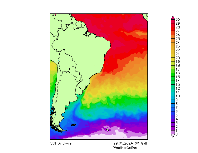 Atlantický SST St 29.05.2024 00 UTC