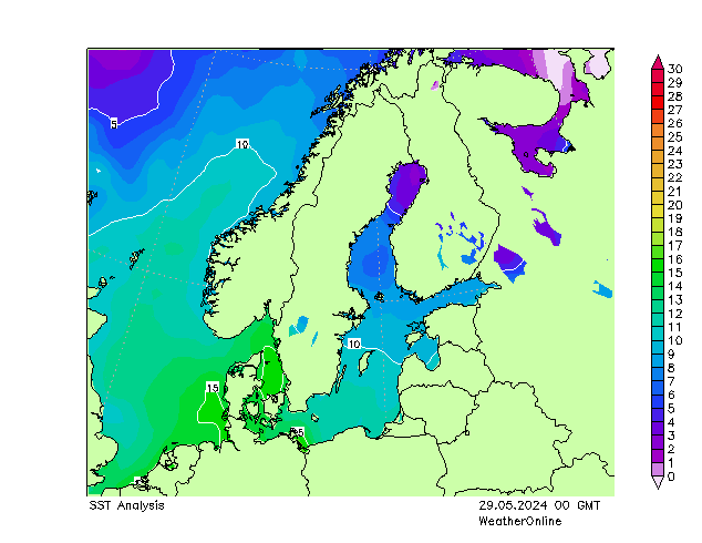 Baltské moře SST St 29.05.2024 00 UTC