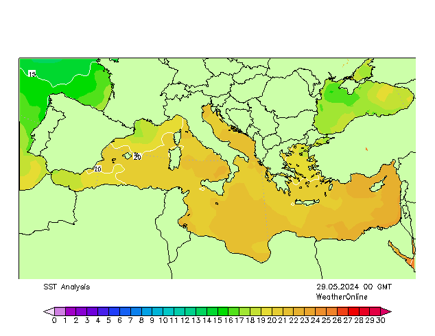 Morze Śródziemne SST śro. 29.05.2024 00 UTC