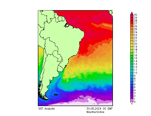 Атлантический океан SST чт 30.05.2024 00 UTC