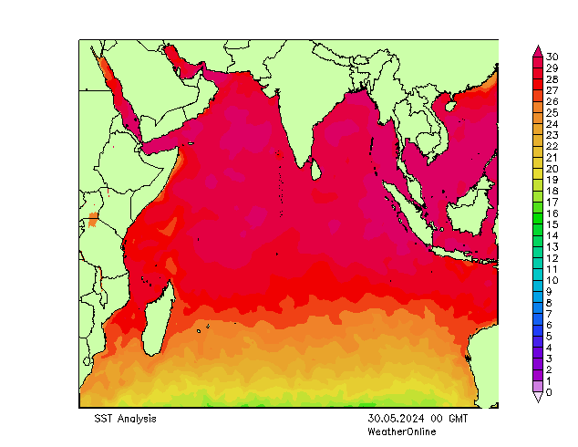 Oceano Indiano SST gio 30.05.2024 00 UTC