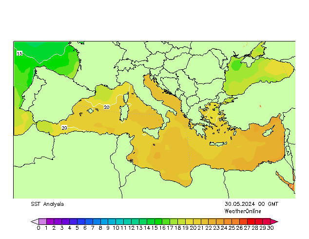 Mer Méditerranée SST jeu 30.05.2024 00 UTC