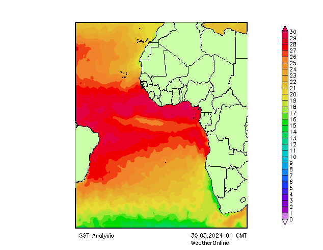 Ocean Atlantycki SST czw. 30.05.2024 00 UTC