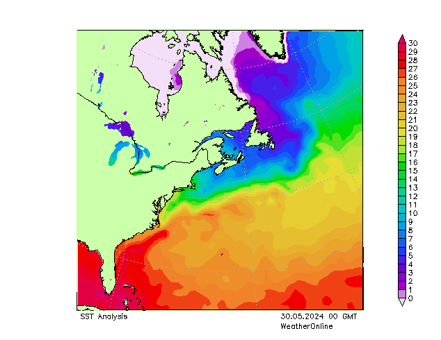 Атлантический океан SST чт 30.05.2024 00 UTC