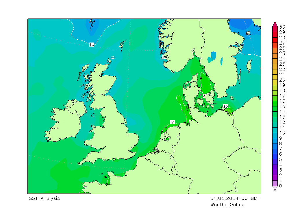 Mer du Nord SST ven 31.05.2024 00 UTC