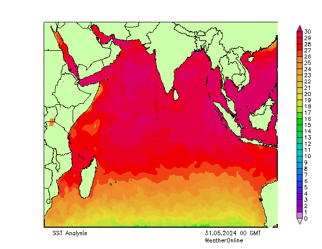 Océano Índico SST vie 31.05.2024 00 UTC