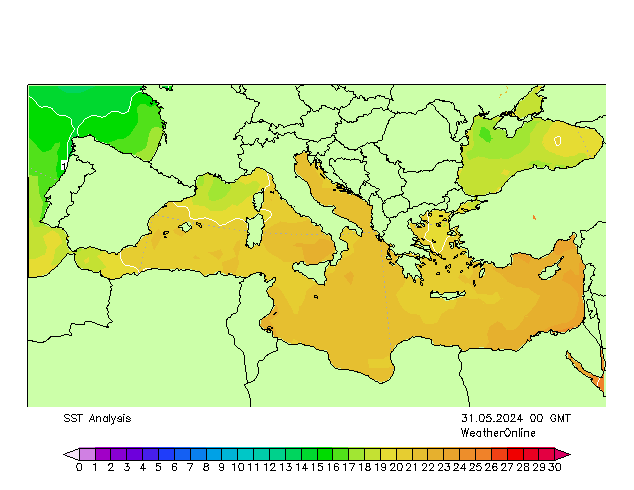 Mar Mediterraneo SST ven 31.05.2024 00 UTC