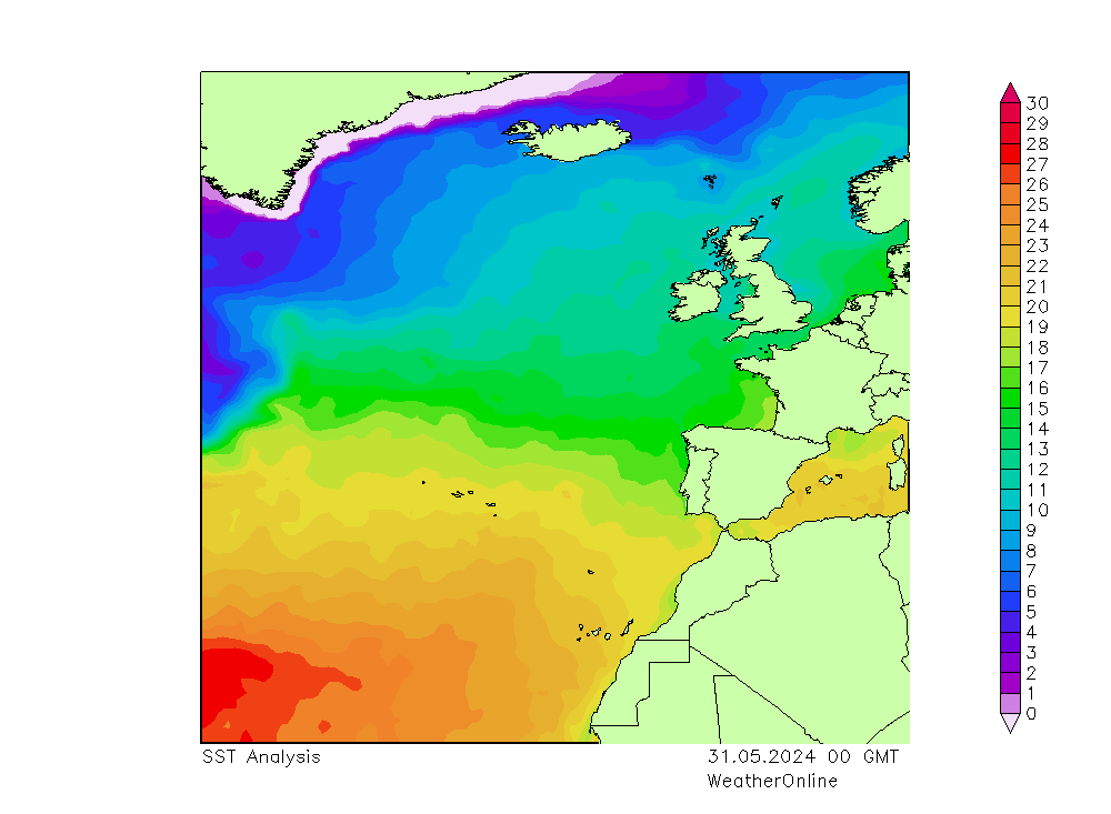 Ocean Atlantycki SST pt. 31.05.2024 00 UTC