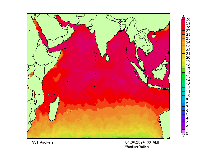 Indian Ocean SST Sa 01.06.2024 00 UTC