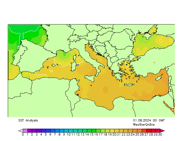 Mar Mediterráneo SST sáb 01.06.2024 00 UTC