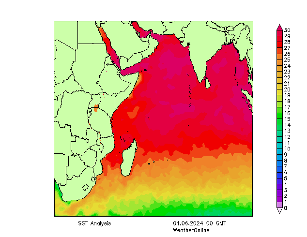 Océano Índico SST sáb 01.06.2024 00 UTC