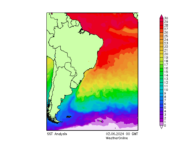 Атлантический океан SST Вс 02.06.2024 00 UTC