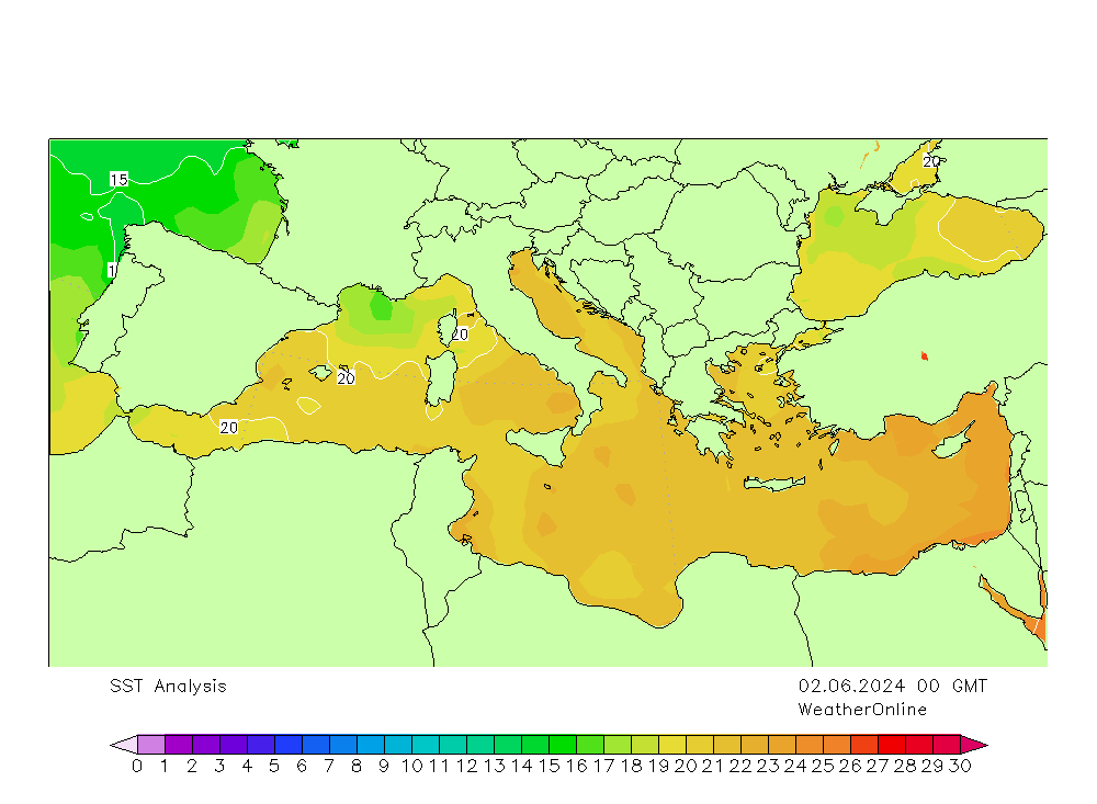Mer Méditerranée SST dim 02.06.2024 00 UTC