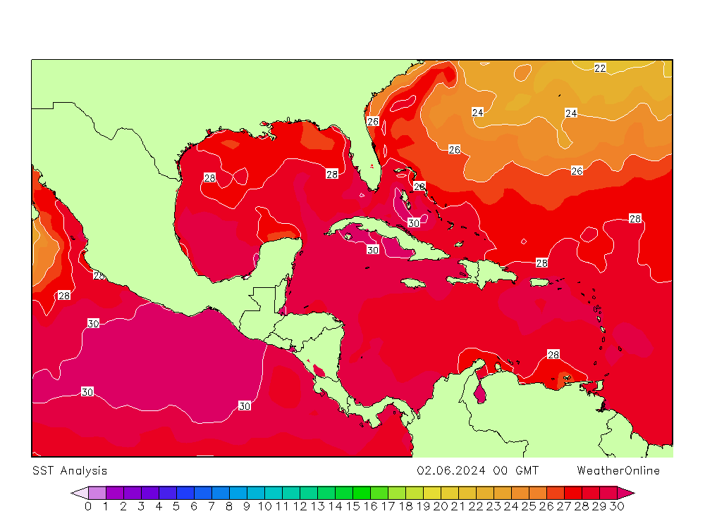 Caribian SST Su 02.06.2024 00 UTC