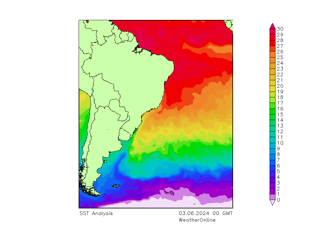 Атлантический океан SST пн 03.06.2024 00 UTC
