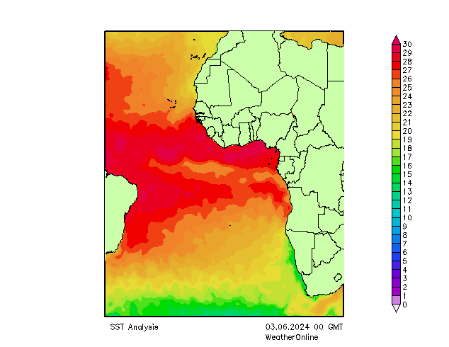 Atlantický SST Po 03.06.2024 00 UTC