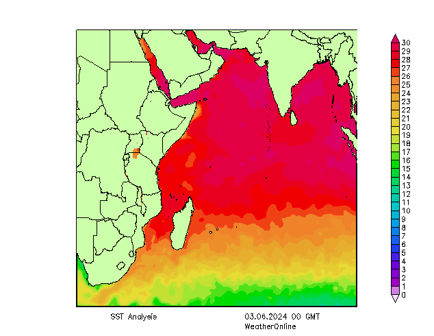 Océano Índico SST lun 03.06.2024 00 UTC